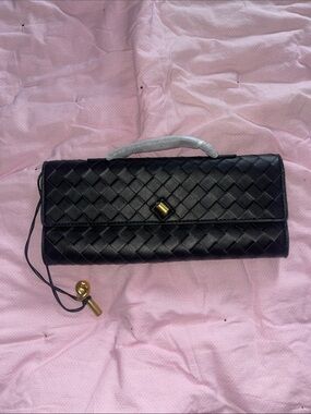 Black Woven Leather Clutch with Gold Accent - Women Bags